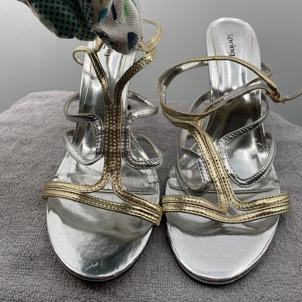 Spring Shoes Women's Size 41 (9 1/2 USA) Mid Heel Gold Silver Strappy Sandals
